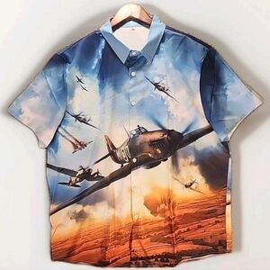 NWOT Airplane Firebomb War WWII Hawaiian Buttonup Shirt Blue/Orange Men's XXL